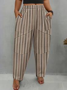 EMERY ROSE Pantalones de pierna cónica con líneas decorativas a rayas y abertura para talla grande, otoño - Albaricoque - Ver 1