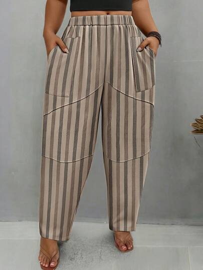 EMERY ROSE Plus Size Striped Decorative Split Line Tapered Leg Pants