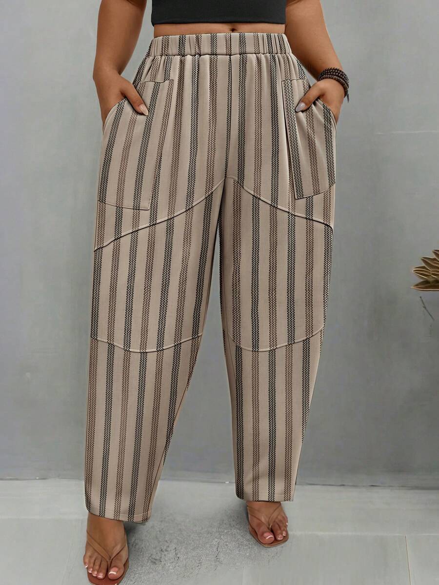 EMERY ROSE Pantalones de pierna cónica con líneas decorativas a rayas y abertura para talla grande, otoño - Albaricoque - Ver 1