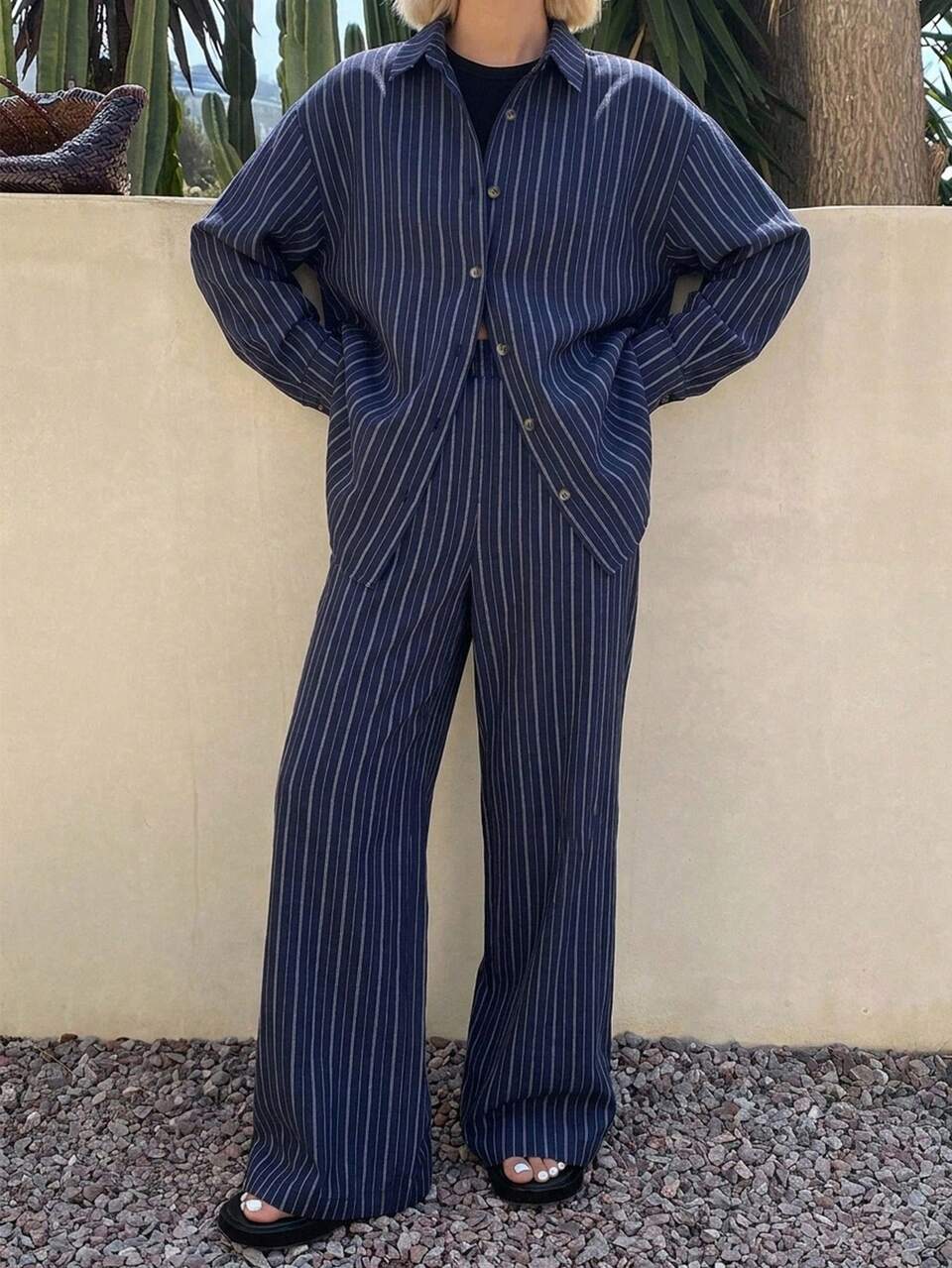 Women's 2 Pieces Set: Navy Blue Vertical Striped Button-Down Loose Fit Long Sleeve Shirt With Wide Leg Pants Lounge Sets For Women