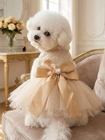 PETSIN 1 Piece Champagne Princess Style Pet Dress, Small Mother Dog And Cat Clothes, Suitable For Wedding And Birthday Photo Outfits, Suitable For Wedding Companions And Birthday Parties To Wear Wedding Dresses