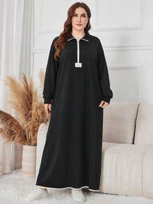 Lacomfia Autumn/Winter Zipper Patchwork Knit Texture Contrast Color Patchwork Turn Collar Loose Fit Versatile Plus Size Women's Sweatshirt Dress - Black and White - View 6