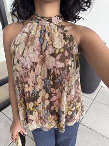 Alexandranx 女士夏季吊带褶皱碎花上衣，蝴蝶结吊带露背沙滩度假上衣。适合日常穿着、外出、海滩旅行、夏季假期。 - 彩色 - 查看 4