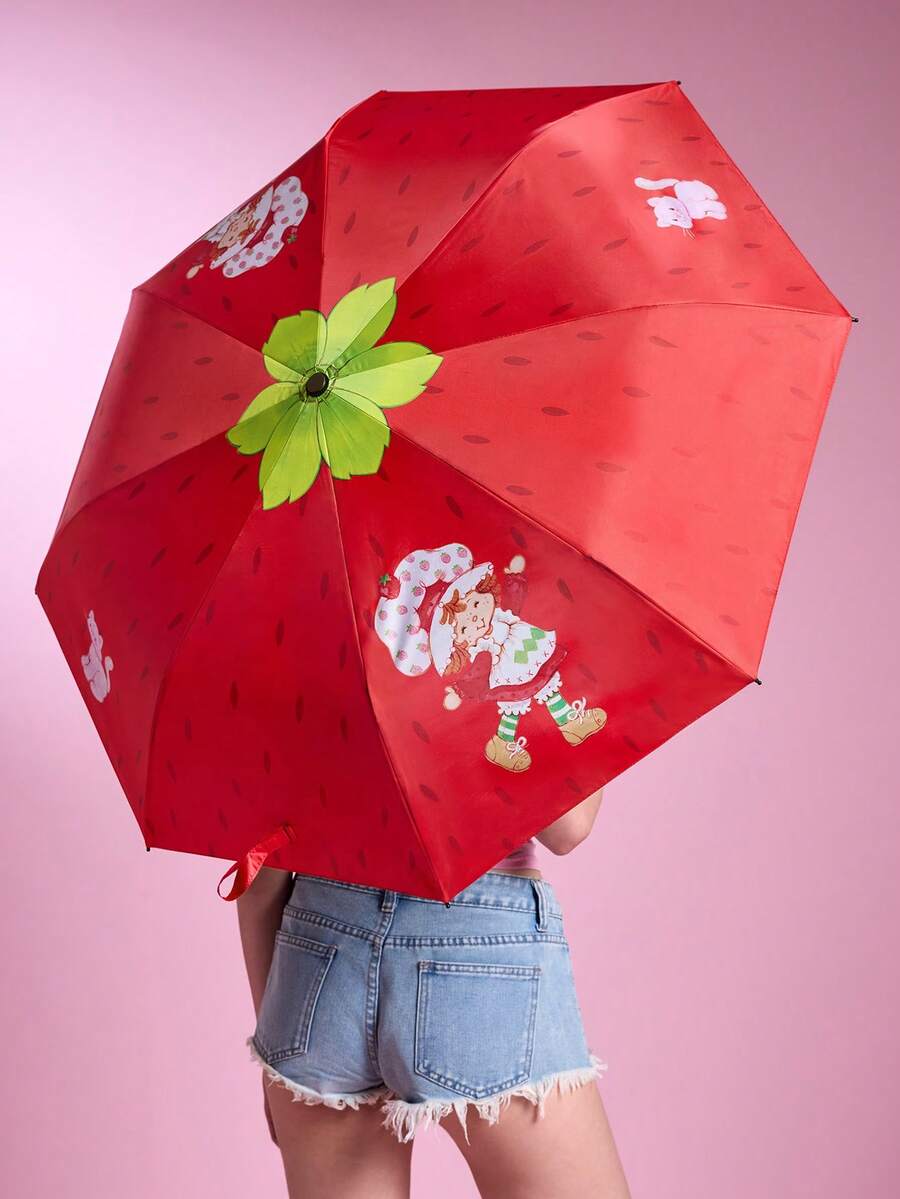 Strawberry Shortcake X SHEIN 復古紅色草莓造型三折遮陽傘,全表面UV防曬塗層,卡通印花,便攜式雨傘陽傘,適合購物與短途出行 - 紅色 - 查看 1