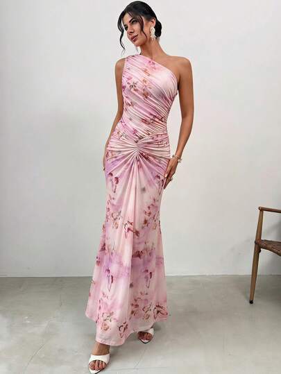 Firerie Women's Elegant Casual Vacation Beach Travel Outfit Dress, Pink Mesh Printed Pattern One-Shoulder Cinched Waist Ruched Design Slimming Long Dress, Exquisite Afternoon Tea, Outdoor Activities, Valentine's Day Date