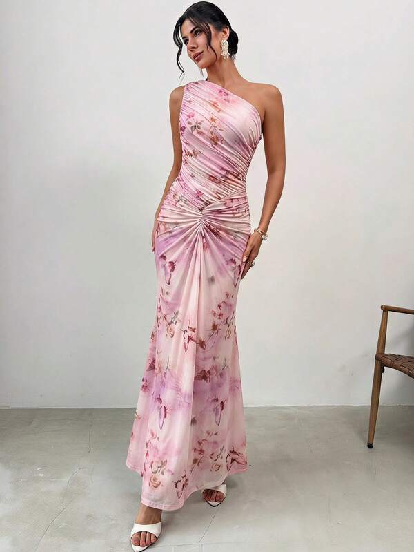 Firerie Women's Elegant Casual Vacation Beach Travel Outfit Dress, Pink Mesh Printed Pattern One-Shoulder Cinched Waist Ruched Design Slimming Long Dress, Exquisite Afternoon Tea, Outdoor Activities, Valentine's Day Date