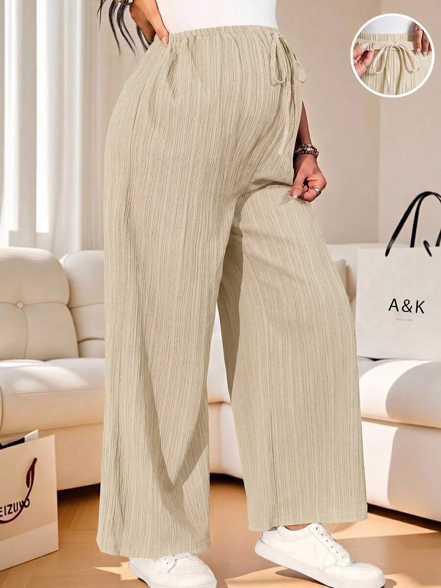 SHEIN Maternity Solid Color Waist Tie Wide Leg Loose Fit Long Pants Fall - Apricot - View 1