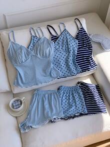 Comfortcana 3件套女士修身吊带短裤睡衣，蓝色格子、波点、条纹印花，可与朋友/姐妹穿搭同款睡衣 - 藍色 - 查看 5