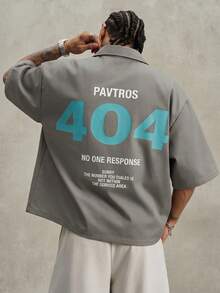 PAVTROS 男士灰色露營領 404 字母印花寬鬆短袖襯衫，附胸前口袋 - 灰色 - 查看 3