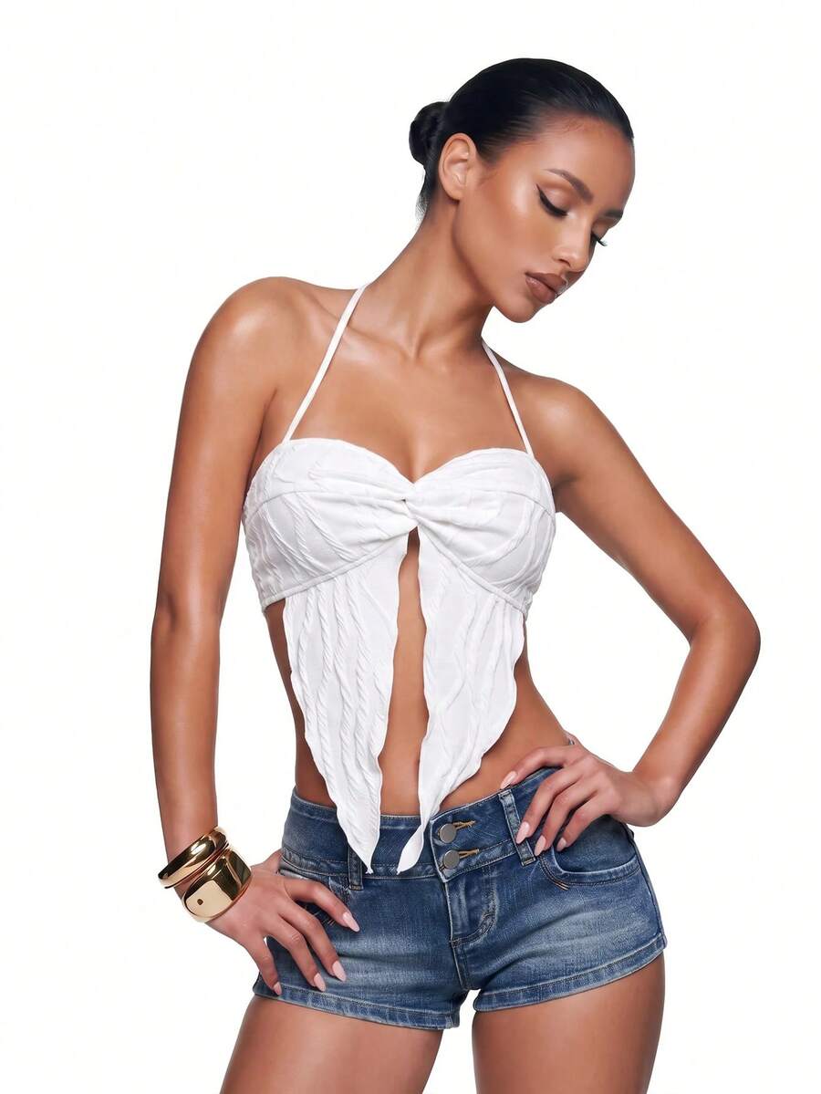 SHEIN ICON Áo khoác và áo lót dành cho xe tăng nữ Bất đối xứng Lộ Lưng Buộc lại màu trơn Giải trí - trắng - Xem 1