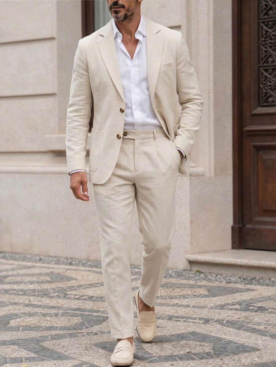 Manfinity Mode Men's Plus Size Elegant Beige Linen Blend Two-Button Suit, Two Pieces Set, Suitable For Wedding, Formal, Old Money - Apricot - View 1