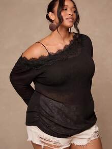 SHEIN CURVE+ Großes lässiges asymmetrisches Schulter-Spitzen-Strick-Top, vielseitiges T-Shirt für Herbst und Winter - Schwarz - Übersicht 4