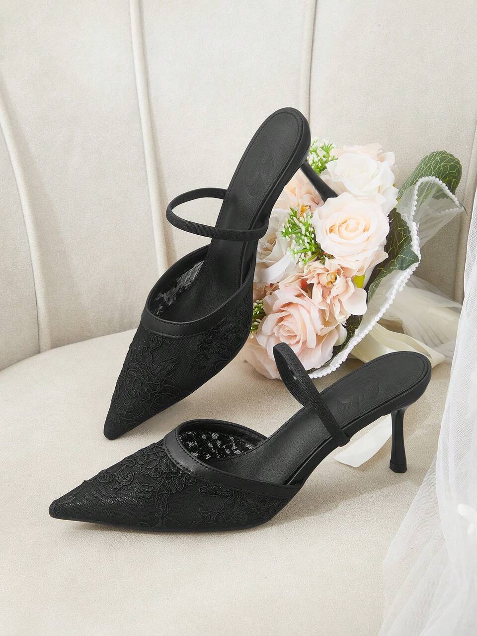 CUCCOO HITCHD Women's Shoes Splicing Pointed Mules Shoes Breathable Mesh Women's High Heels Black Mesh Fashion Gentle Style Outdoor Commuter