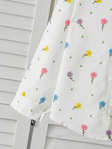 SHEIN 女童新款花卉印花襯衫，領口長袖寬鬆休閒上衣，適合日常、優雅、度假、通勤，清新風格 - 白色 - 查看 6