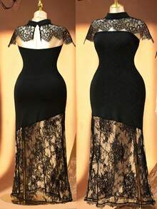 Rometta Plus Size Women's Summer Black Lace Strapless Shawl + Bandeau Solid Fabric And Lace Patchwork Bodycon Mermaid Waist Slimming Sexy Elegant Long Dress. Suitable For Casual, Date, Party. - Black - View 1