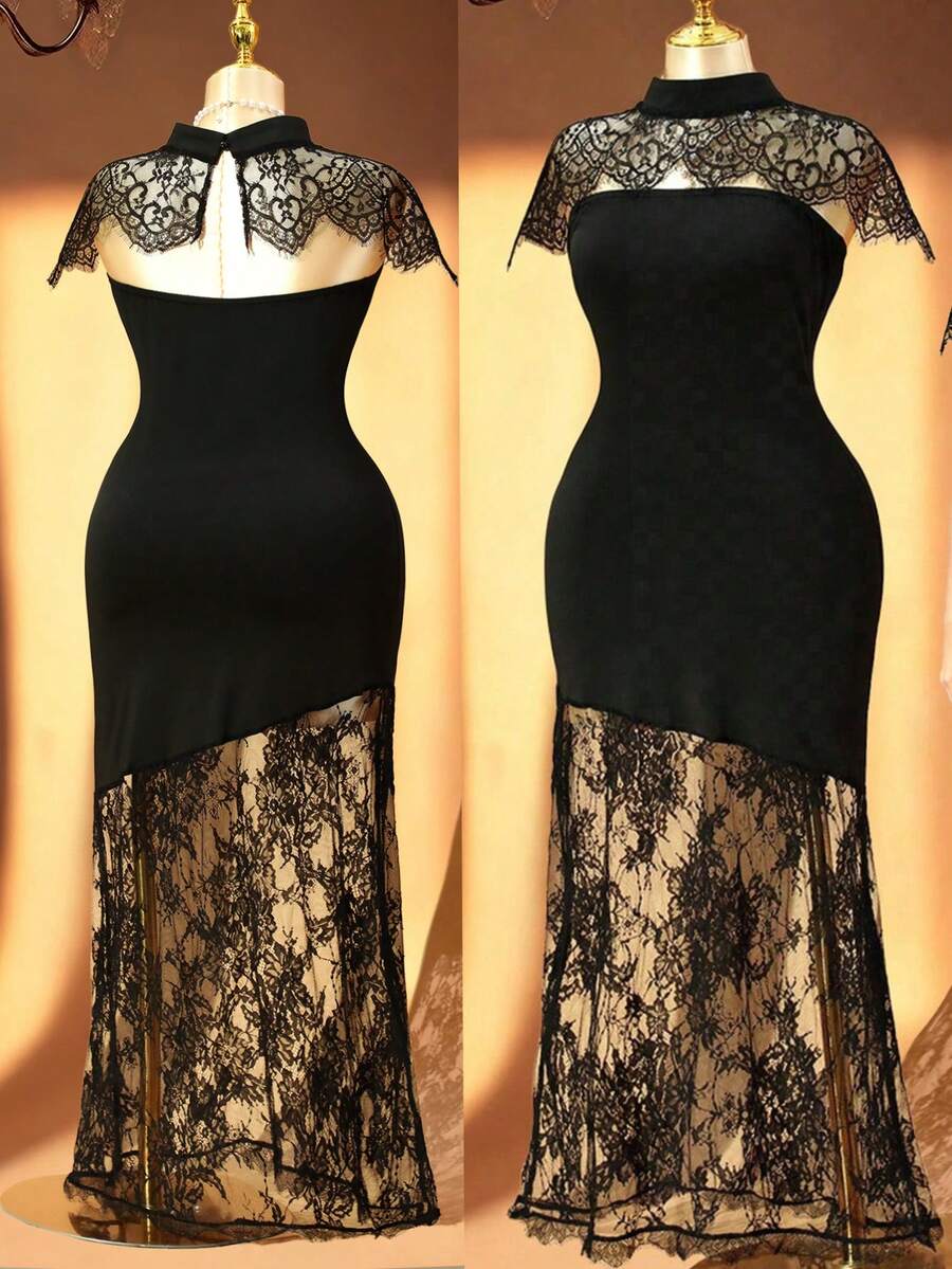 Rometta Plus Size Women's Summer Black Lace Strapless Shawl + Bandeau Solid Fabric And Lace Patchwork Bodycon Mermaid Waist Slimming Sexy Elegant Long Dress. Suitable For Casual, Date, Party. - Black - View 1
