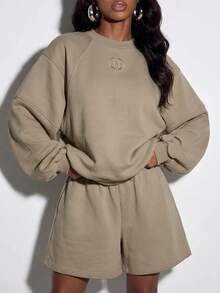 Avantive Women's Fashion Embroidered Long Sleeve Sweatshirt And Drawstring Waist Pocket Shorts 2 Pieces Set Airport Khaki Autumn Casual - Mocha Brown - View 9
