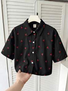 SHEIN 青少年女孩休閒可愛日常時尚黑色寬鬆短袖上衣 返校季夏季校園風 - 黑色 - 查看 4