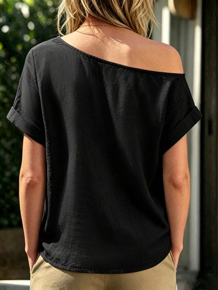 SHEIN Hollow Mesh Patchwork Asymmetric Collar Batwing Short Sleeve Casual Vacation Blouse For Women - Black - View 2