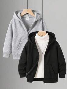 SHEIN 2件裝男童休閒學院風舒適時尚極簡實用百搭英文字母連帽外套，適合日常穿著、上學、旅行、運動，秋冬款，適用小學、國中 - 彩色 - 查看 4