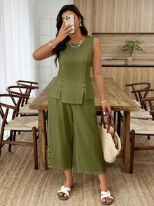SHEIN LUNE 大码女式春夏开衩纽扣装饰上衣和七分裤休闲度假两件套 - 軍綠色 - 查看 6