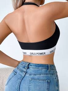 SHEIN 1件女款字母腰帶掛脖式前扣無鋼圈無墊胸罩 - 黑色 - 查看 2