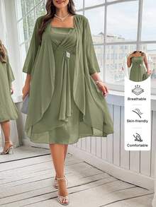 SHEIN Clasi 大码女式纯色 3/4 袖前开式夹克和水钻装饰褶皱粗肩带连衣裙优雅套装 - 橄欖綠 - 查看 1