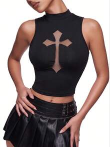 SHEIN ICON 女士修身休闲交叉网眼立领背心 - 黑色 - 查看 2