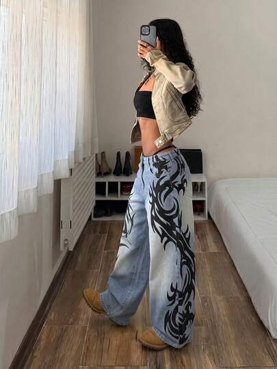 StreetHx Fashion Casual Street Style Retro Print Denim Wide Leg Pants