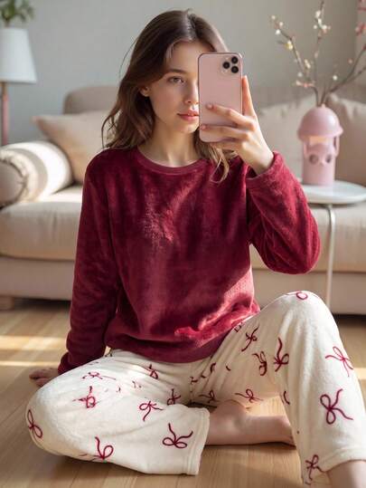 SHEIN Girls' Simple Plaid Bow Decor Drop Shoulder Top & Long Pants Pajama Set (2pcs) - Comfortable Loose Fit, Suitable For Fall/Winter Wear