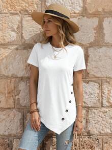 EMERY ROSE Women Solid Color Minimalist Round Neck Short Sleeve T-Shirt,Casual Elegant White Summer T Shirt With Buttons,Modern Daily Wear Blouses For Occasion - White - View 3
