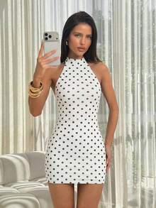 SHEIN ICON 女款性感波點印花露背掛脖迷你洋裝，夏季 - 白色 - 查看 3