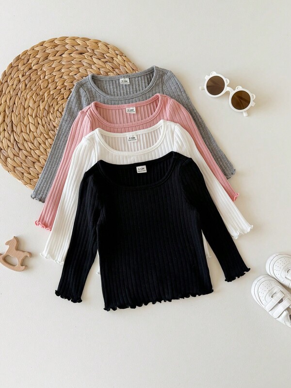 SHEIN 4pcs Baby Girl Casual Cute Knit Solid Color Long Sleeve Tops