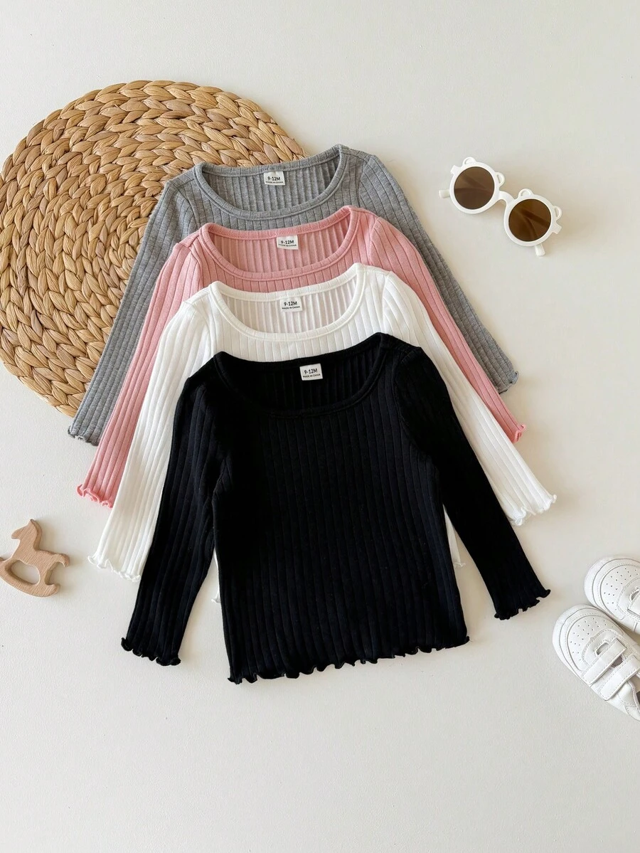 SHEIN 4pcs Baby Girl Casual Cute Knit Solid Color Long Sleeve Tops - Baby Pink - View 1