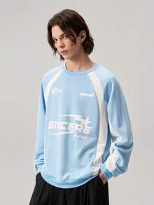 Vaulklash Men's Letter Print Round Neck Raglan Long Sleeve Pullover Light Blue Sweatshirt Streetwear 90s Style Casual Graphic , Fall - Baby Blue - View 5