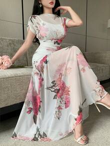 Modelyn 白色網紗花卉印花百褶優雅長洋裝，適合女性，婚禮與度假穿著 - 白色 - 查看 1