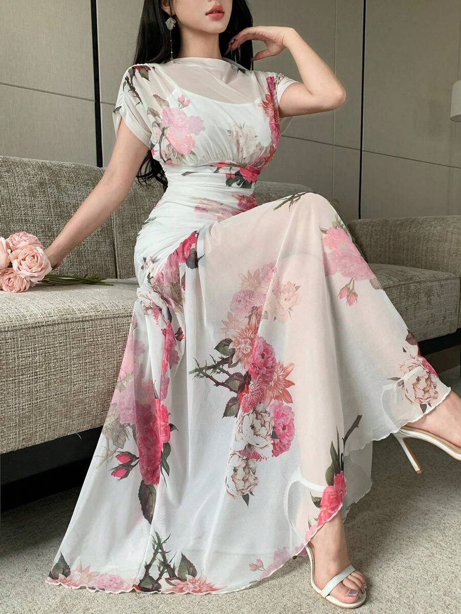 Modelyn 白色網紗花卉印花百褶優雅長洋裝,適合女性,婚禮與度假穿著 - 白色 - 查看 1