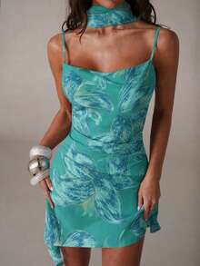 SHEIN BAE Spring/Summer Women's Casual Vacation Floral Print Woven Asymmetrical Hem Mini Dress, Beach Night Out Party, Sister Outing, Music Festival, Teal Green - Green - View 7
