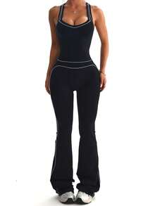 StreetHx Women's Seamless Black Tight Fit Sports 2 Pieces Set Tank Top & Flare Pants - Black and White - View 7