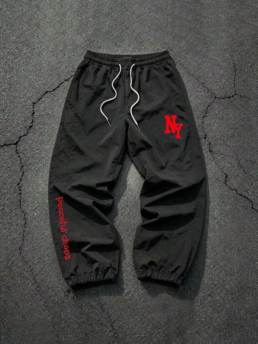Sport MetroGents 男士抽繩腰字母印花休閒日常旅行運動長褲 - 黑色 - 查看 1