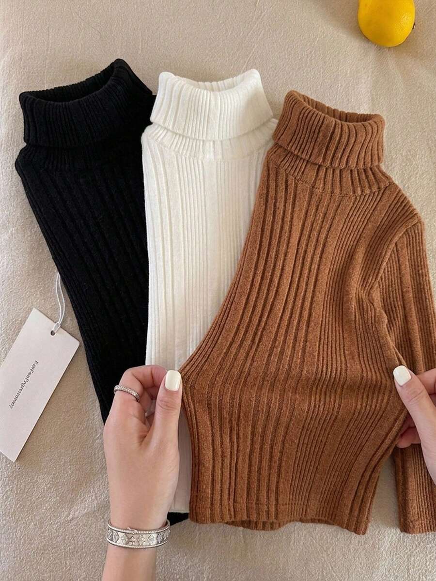 SHEIN 兒童 3件組小男孩針織高領素色 T-冬款上衣，小學、中學校服