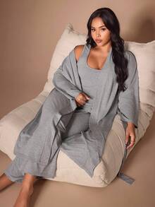 Lazeform Long Ins-Style Short Sleeve Long Pants Tie-Up Robe Loungewear Pajamas Casual Home Bathrobe Plus Size - Grey - View 5