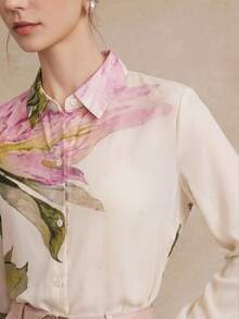 Anewsta 春夏新款優雅時尚花卉印花雪紡長袖女式襯衫，適合外出、派對、假期、度假及職場穿著 - 白色 - 查看 3