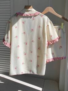 Comfortcana Romantic Pink Rose Print Sweetheart Neck Women Short Sleeve Shorts Pajama Set - Apricot - View 2