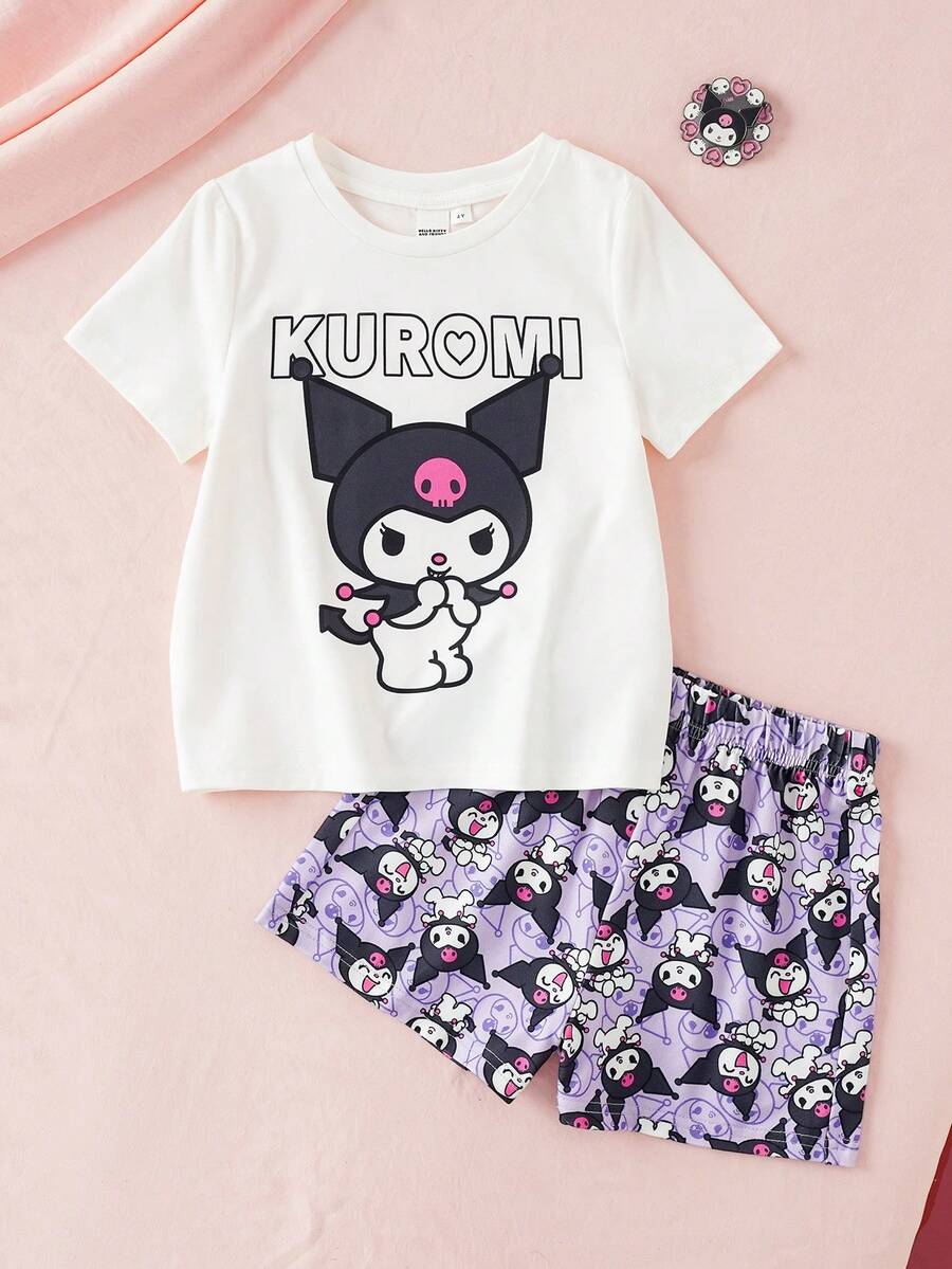 HELLO KITTY AND FRIENDS | SHEIN ملابس منزلية للبنات الصغيرات بطبعة كرتونية، ملابس علوية وشورت - أبيض - مشاهدة 1