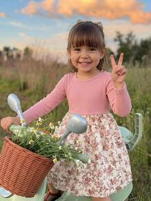 Emery Rose Kids 女童拼接碎花圓領長袖洋裝 - 粉色 - 查看 3