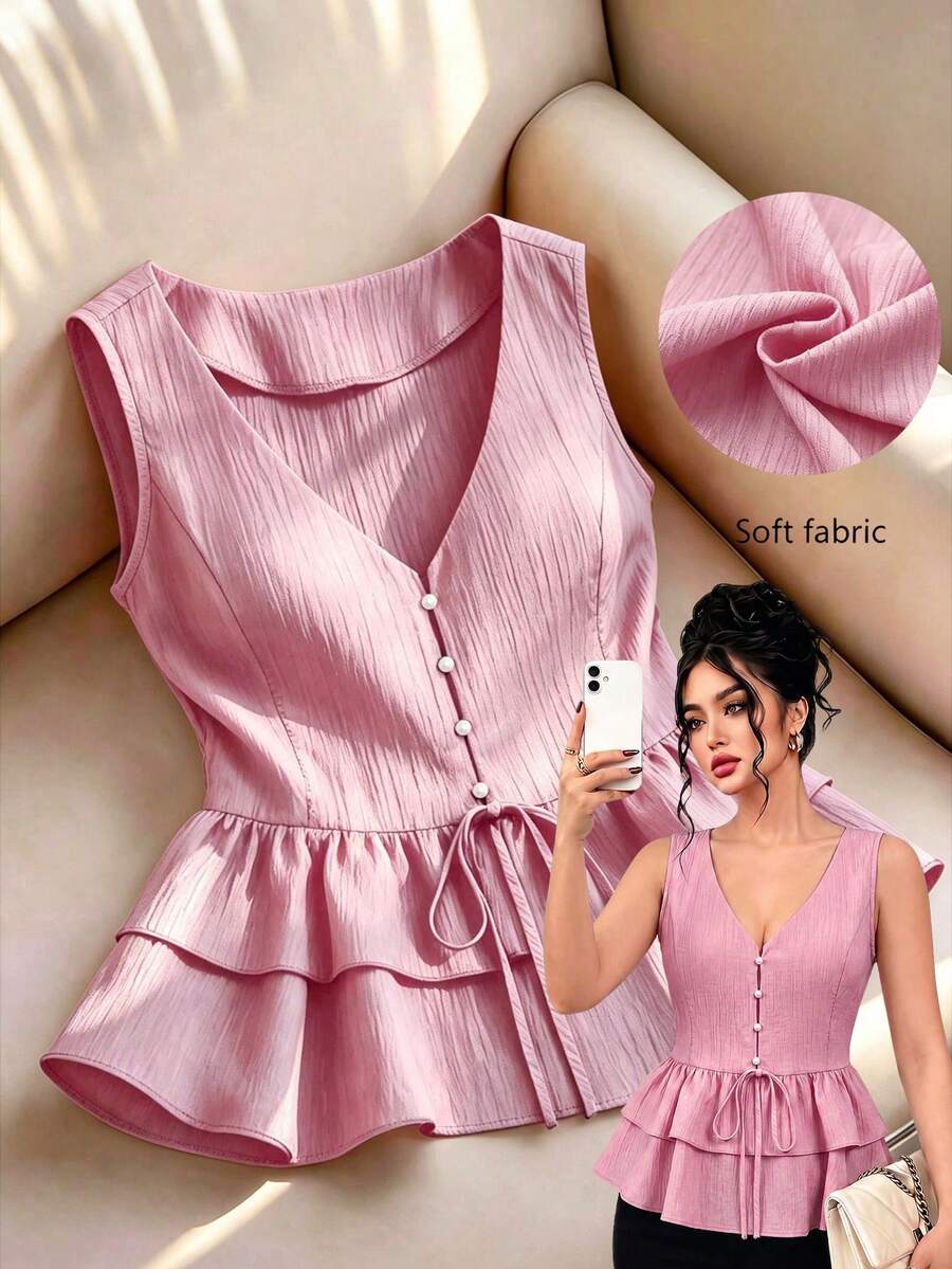 GlowEve CURVE Plus Size Women's Solid Color Textured Jacquard V-Neck Sleeveless Blouse, Ruffle Tie Bow Vacation Shirt - Dusty Pink - View 1