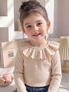 SHEIN 女嬰幼兒 0-3 歲休閒百搭韓系簡約甜美可愛杏色純色螺紋毛絨優雅彈性針織長袖圓領荷葉邊套頭上衣，四季穿著，可作內搭或外穿 - 粉色 - 查看 6