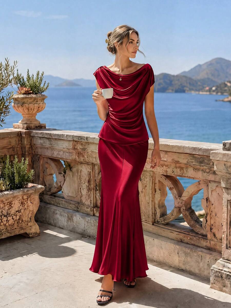 SHEIN LUNE 2pcs Set Elegant Commuter Solid Color Draped Neck Top And Skirt - Red - View 1