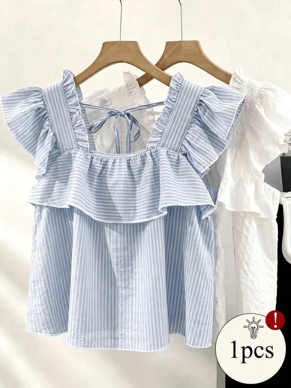 Resyla Blus Ruffle Bergaris Kasual Musim Panas Wanita